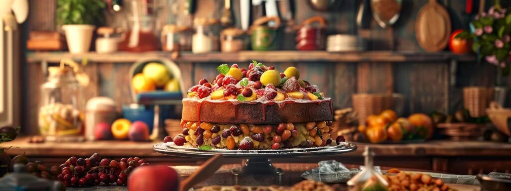 a beautifully styled kitchen scene showcases a freshly baked, golden-brown fruitcake adorned with vibrant fruits and nuts, set against a backdrop of rustic wooden shelves filled with baking tools and colorful ingredients, illuminated by warm, soft lighting.