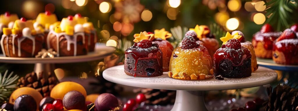 a vibrant display of elegantly glazed mini fruitcakes, adorned with seasonal fruits and spices, showcases a festive feast that invites everyone to celebrate with flavorful, inclusive treats.