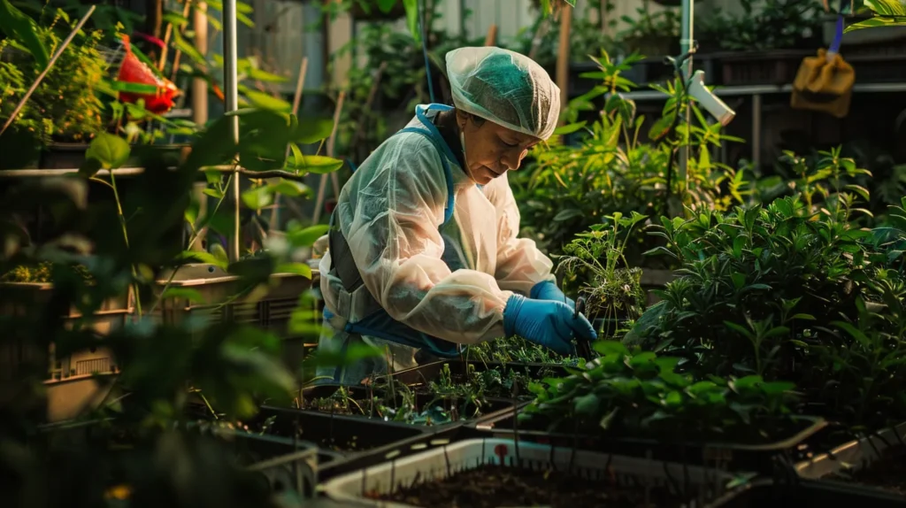 a focused gardener, clad in vibrant protective gear, carefully inspects a well-organized array of gleaming gardening tools under the warm, dappled sunlight filtering through lush greenery, conveying a sense of safety and dedication to best gardening practices.