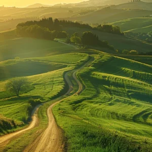 a serene landscape at sunrise, showcasing a winding path through vibrant green hills, symbolizing the journey of personal growth and transformation toward lasting change.