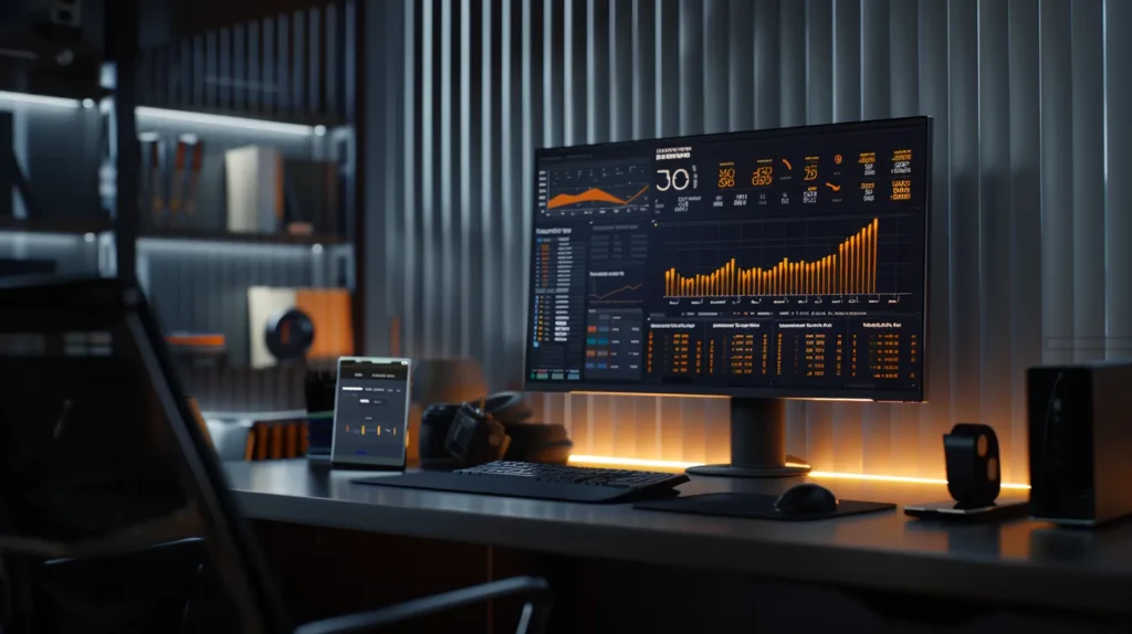 a sleek, modern workspace showcases a sophisticated computer screen displaying a vibrant, detailed graph of seo tool pricing tiers, illuminated by soft, ambient lighting that enhances the focus on budget optimization.