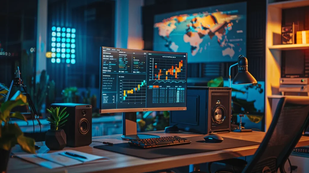 a vibrant digital marketing workspace featuring an elegant computer setup displaying a detailed seo tool comparison chart, illuminated by soft ambient lighting to evoke a sense of analytical focus and strategy.