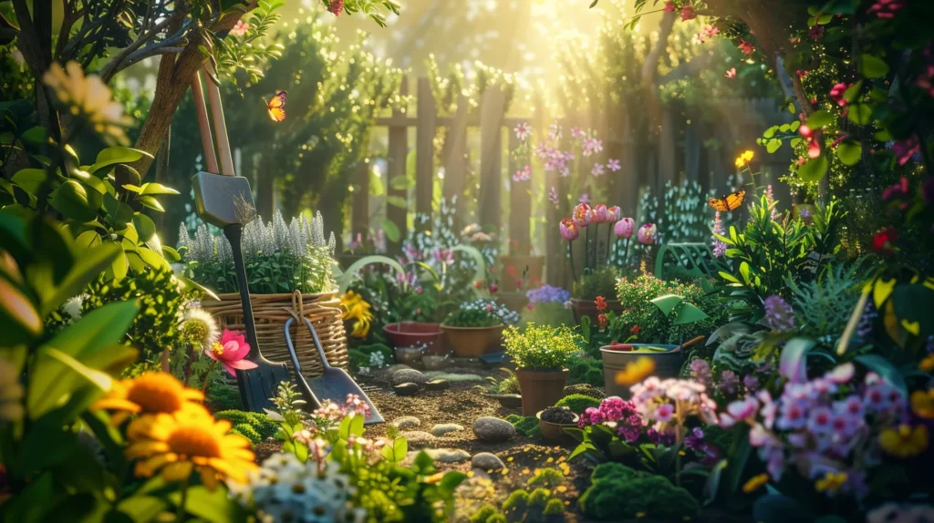 a vibrant garden scene featuring an array of essential eco-friendly gardening tools, nestled among lush greenery and blooming flowers, illuminated by warm sunlight, symbolizing abundance and sustainability in the gardening experience.
