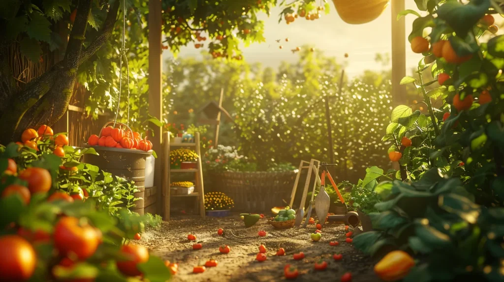 a vibrant garden scene showcases a meticulously organized array of gardening tools positioned amidst flourishing crops, illuminated by golden sunlight that enhances a sense of productivity and harvest promise.