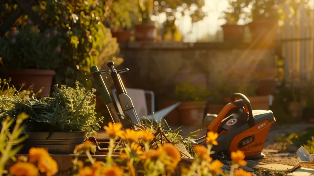 a vibrant garden setting showcases well-maintained gardening tools like a gleaming stihl hedge trimmer and a set of polished secateurs, bathed in warm sunlight to emphasize their readiness for a bountiful harvest.