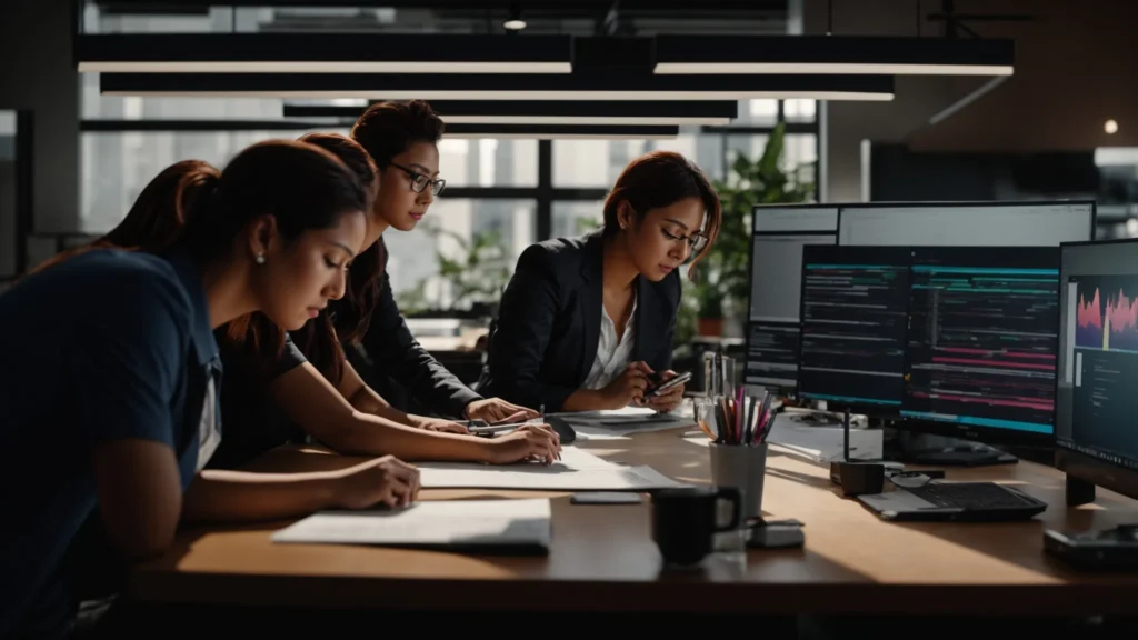 a dynamic and collaborative team of quality assurance professionals engaged in a vibrant workshop, surrounded by charts and tools highlighting best practices for software excellence, illuminated by natural light streaming through large windows.