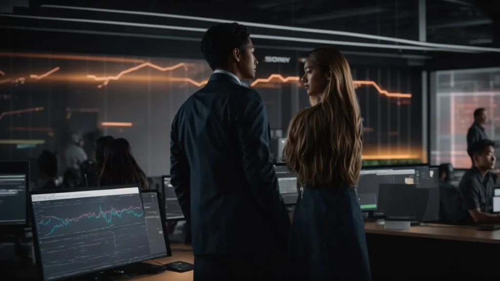 a dynamic, engaging scene depicting a diverse team collaborating around a large digital screen, showcasing graphs and metrics that exemplify successful qa implementation, illuminated by warm, ambient office lighting.