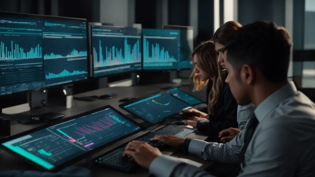 a dynamic, modern workspace featuring a group of focused professionals analyzing colorful graphs and charts on digital screens, illustrating the impact of qa testing metrics on software reliability and user experience.