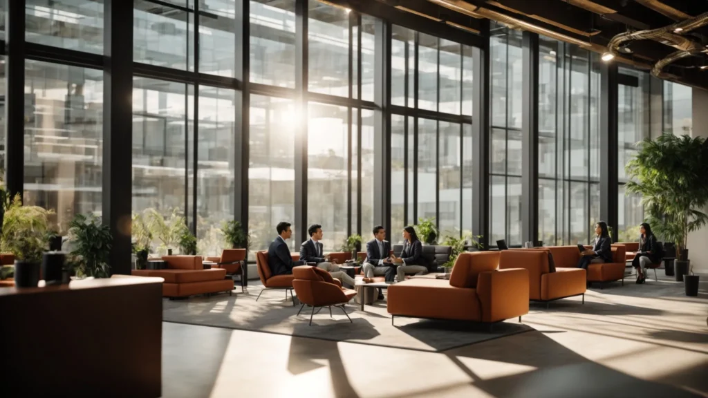 a dynamic office environment showcases a diverse team engaged in a collaborative discussion, illuminated by natural sunlight streaming through large windows, highlighting the seamless integration of innovative subscription software that enhances business efficiency and growth.