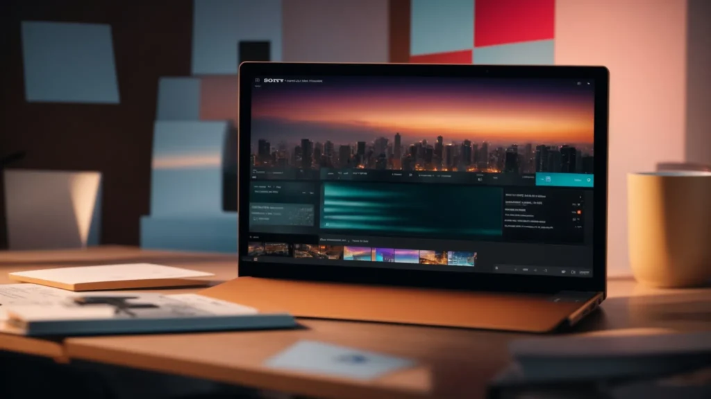 a dynamic split-image scene juxtaposes a sleek laptop displaying a vibrant software interface representing subscription licensing on one side, while the other side showcases a traditional desk with scattered paper contracts, illuminated by soft, warm lighting to emphasize the contrasting approaches to software management.