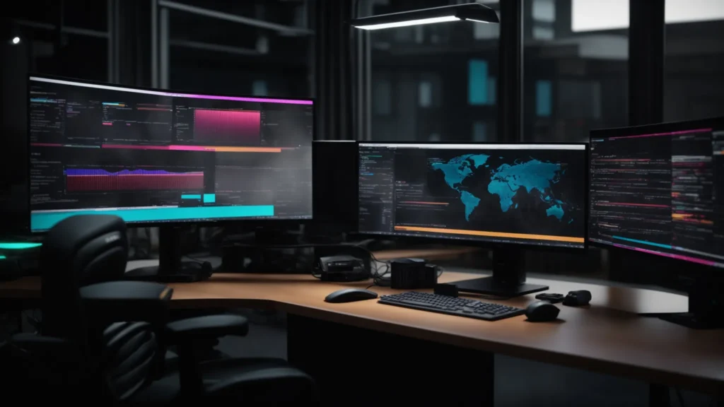 a dynamic workspace showcasing a sleek computer setup with vibrant graphs and dashboards, visually representing the synergy of advanced testing frameworks and collaborative tools in software quality assurance.