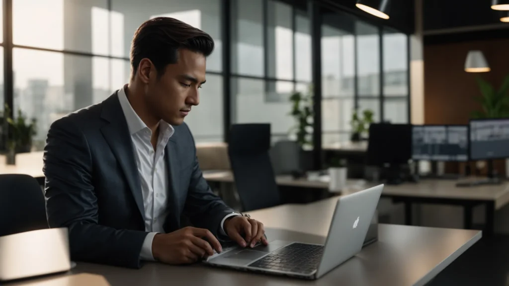a focused business professional intently evaluates a variety of subscription software options displayed on a sleek laptop, surrounded by modern office decor under soft, natural lighting that highlights the critical decision-making process.