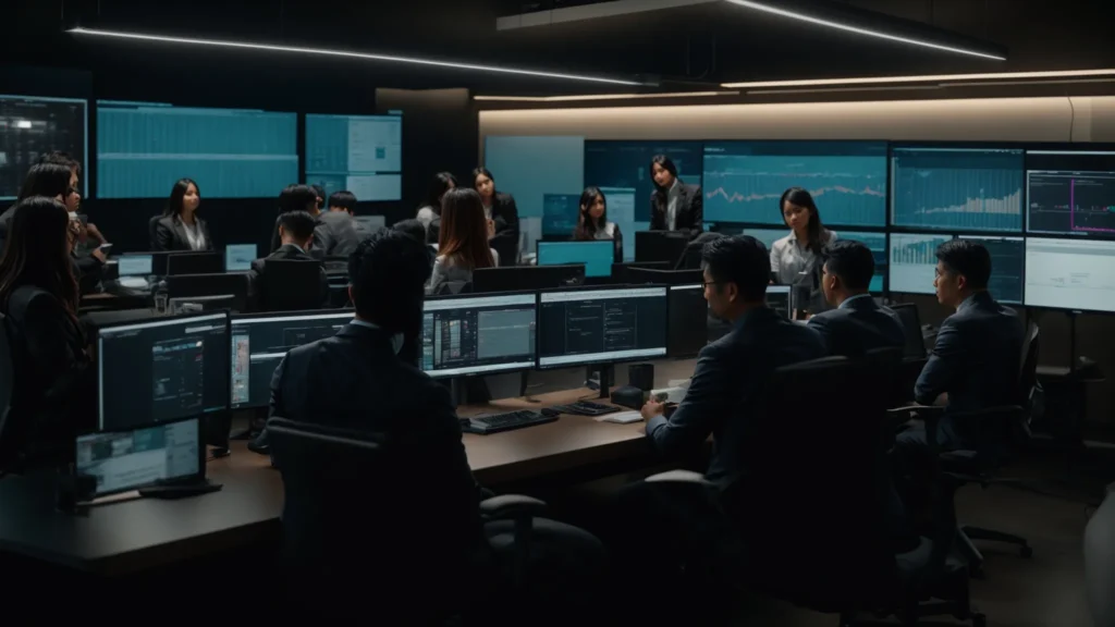 a focused shot of a diverse team engaged in a collaborative brainstorming session, surrounded by digital screens displaying qa testing metrics, illuminated by soft, ambient lighting that highlights their concentration and teamwork in the fintech sector.