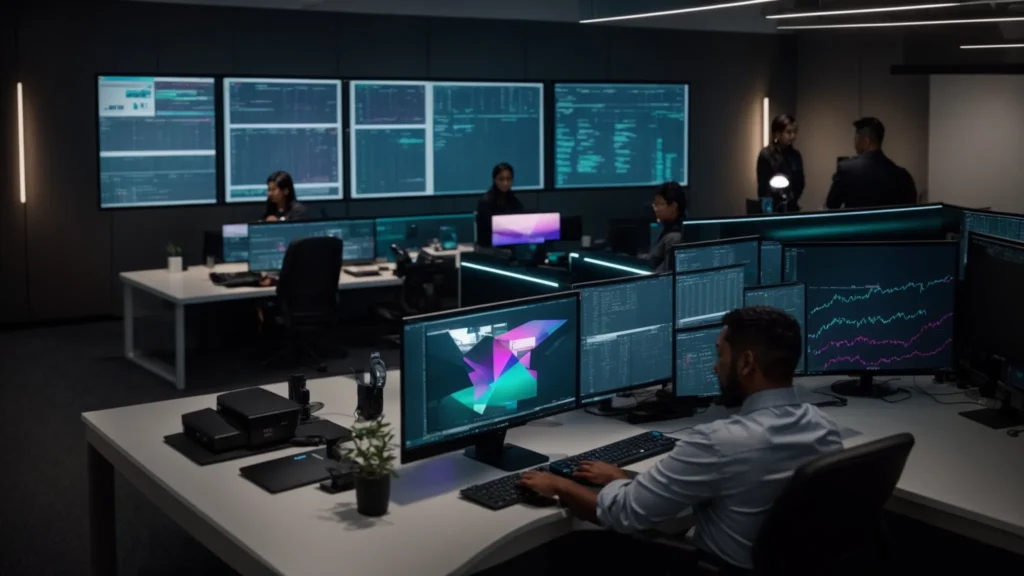 a focused software quality assurance team collaborates around a sleek, modern workspace, illuminated by soft ambient lighting that highlights digital screens displaying diverse test case data, symbolizing efficiency and precision in the pursuit of superior software quality.