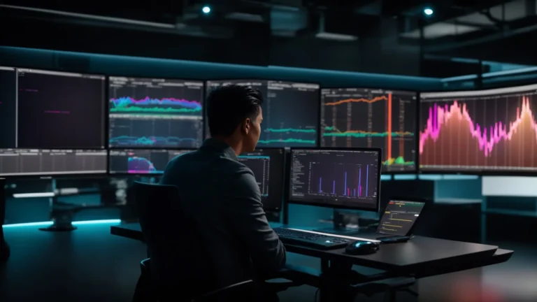 a sleek, modern digital workspace filled with glowing screens displays vibrant graphs and analytics, symbolizing the efficiency and advantages of subscription software licensing in a dynamic business environment.