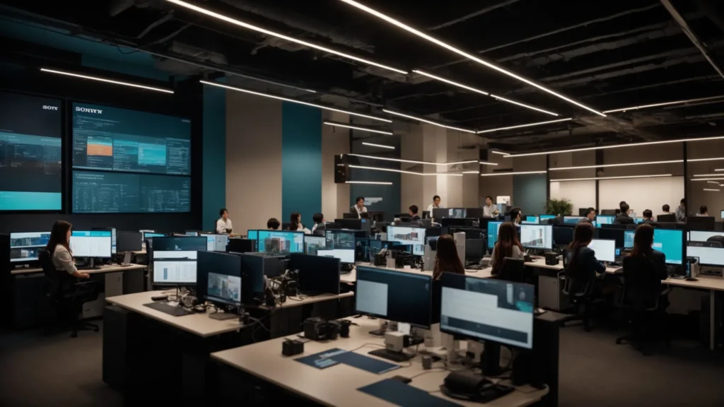 a vibrant, dynamic office setting filled with engaged professionals collaborating over digital screens, illustrating the transformative impact of subscription software licensing on operational efficiency and resource allocation.