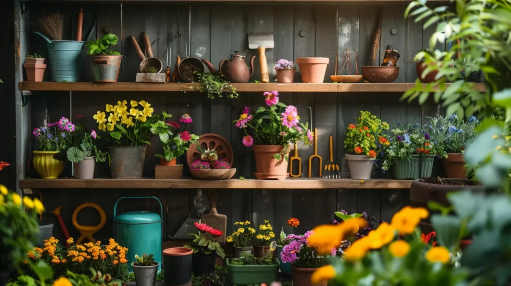 a vibrant garden bursting with lush greenery and colorful blooms showcases a collection of specialized ergonomic gardening tools strategically arranged, epitomizing efficiency and the artistry of modern gardening practices.