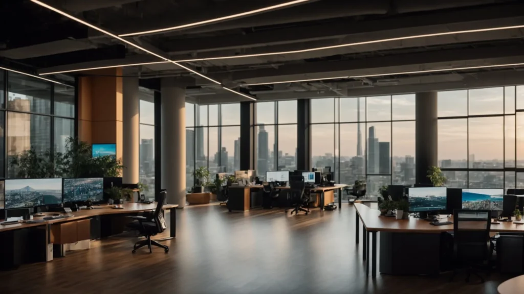 a vibrant, modern office environment with sleek computer screens displaying dynamic analytics and automation interfaces, illuminated by soft, natural light filtering through large windows, symbolizing business agility and innovation in software subscription licensing.