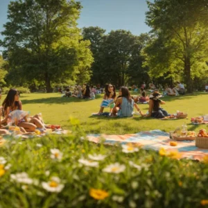 a vibrant sun-soaked park scene captures groups of friends enjoying various outdoor summer activities like picnicking and frisbee, surrounded by lush greenery and bright flowers under a clear blue sky.