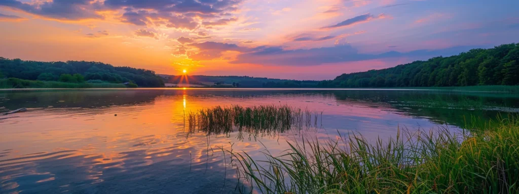 a breathtaking sunset illuminates a serene lake, with vibrant hues of orange and purple reflecting off the calm water, surrounded by lush green forests under a clear sky.