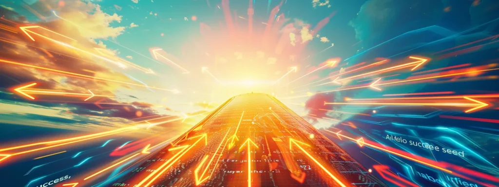a dynamic composition illustrating a thriving digital landscape, where vibrant arrows symbolizing growth and investment converge toward a shining mountain peak labeled with