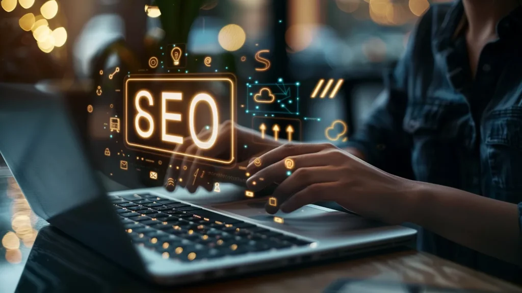 a focused entrepreneur analyzes seo tools on a sleek laptop interface, illuminated by a warm glow, embodying the journey of small businesses towards optimized web strategies and growth.