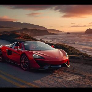 a sleek, glossy sports car glistens under the warm glow of an early evening sunset, parked on a winding coastal road with dramatic cliffs in the background.