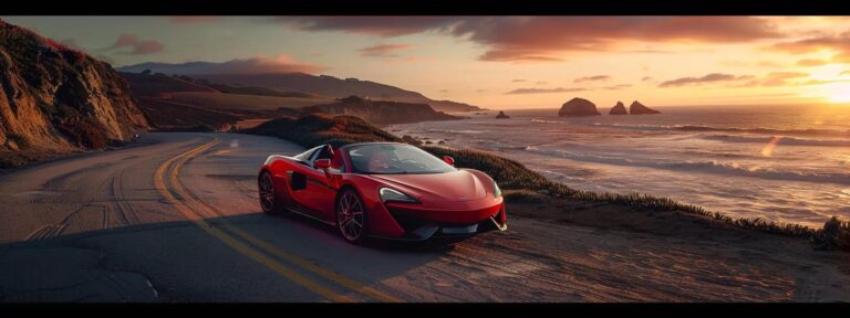 a sleek, glossy sports car glistens under the warm glow of an early evening sunset, parked on a winding coastal road with dramatic cliffs in the background.