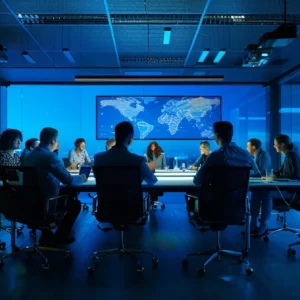 a sleek, modern office setting features an illuminated conference table surrounded by diverse professionals engaged in a dynamic brainstorming session, with vibrant digital presentations displayed in the background.