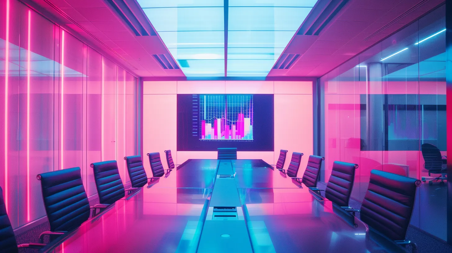 a sleek, modern office space featuring a large conference table surrounded by stylish chairs, illuminated by dynamic overhead lighting that highlights a high-tech presentation screen displaying vibrant graphics.