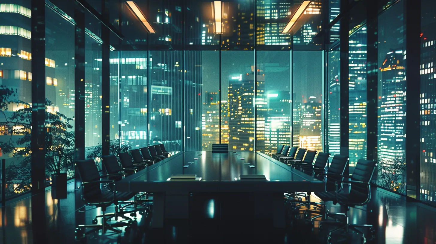 a sleek, modern office space features a large, polished conference table surrounded by bright, ergonomic chairs, illuminated by soft overhead lighting reflecting off expansive glass walls showcasing a dynamic urban skyline.