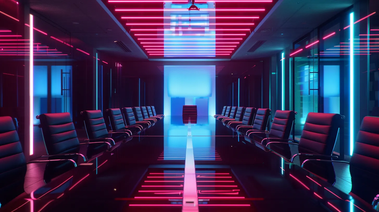 a sleek, modern office space features a polished conference table surrounded by high-backed chairs, illuminated by bright overhead lights as a dynamic presentation is projected on a large screen, reflecting the energy of a collaborative business meeting.