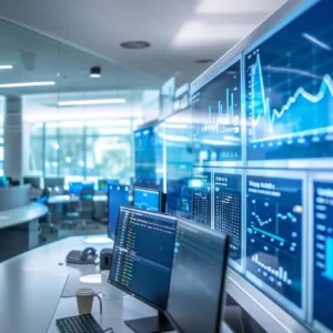 a sleek, modern office space filled with high-tech screens displaying dynamic analytics and graphs, highlighting the effectiveness of a top seo company in action.