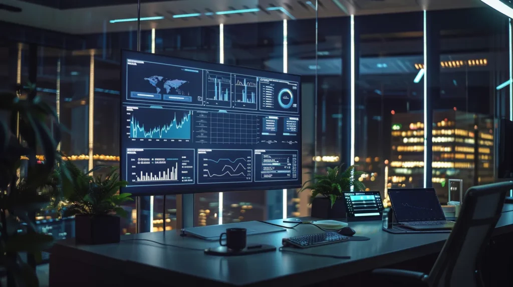 a sleek, modern office space showcases a large screen displaying dynamic seo analytics and social media metrics, bathed in soft, ambient lighting that emphasizes the innovative technology at the forefront of digital marketing.