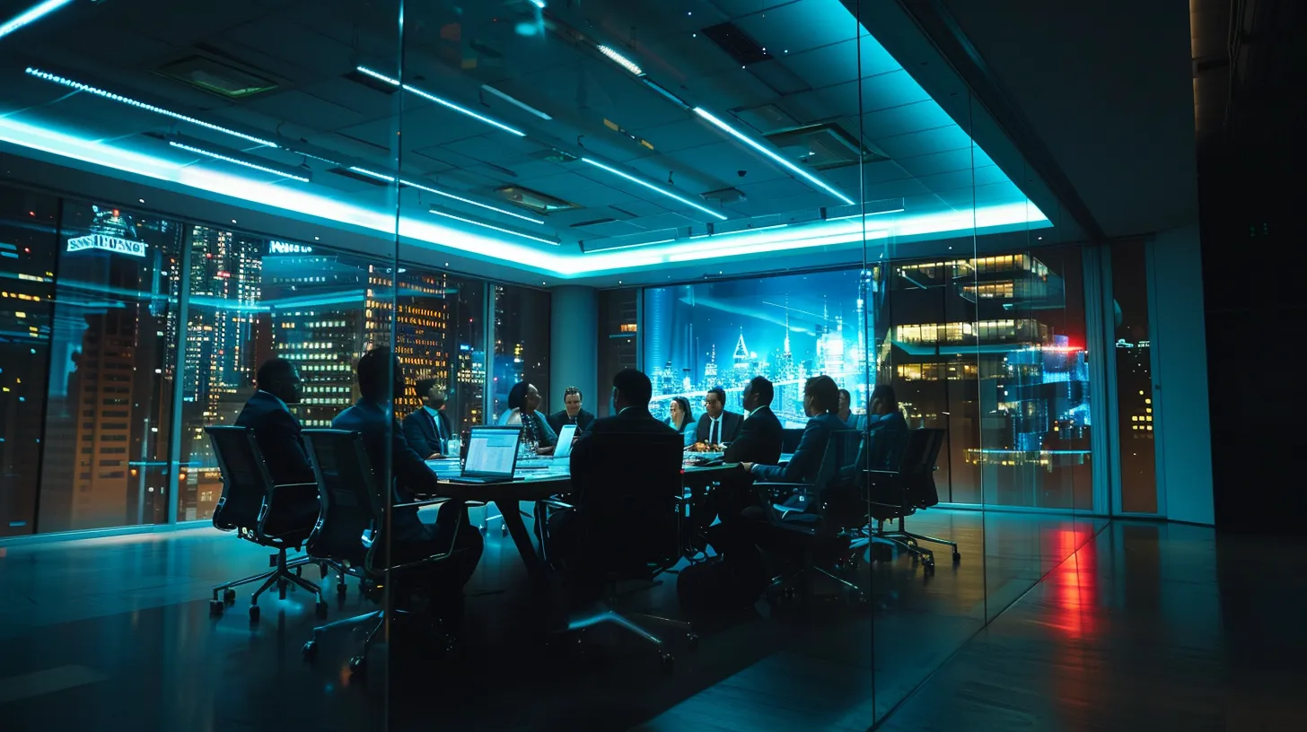 a sleek, modern office space features an expansive glass conference room bathed in dynamic artificial lighting, where a diverse group of professionals engaged in an animated discussion captures the essence of innovative teamwork and collaboration.