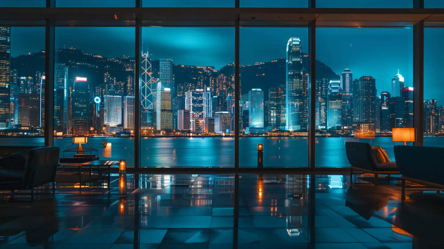 a sleek, modern office workspace with a striking city skyline view through expansive glass windows, illuminated by soft ambient lighting, conveys an atmosphere of innovation and professionalism.