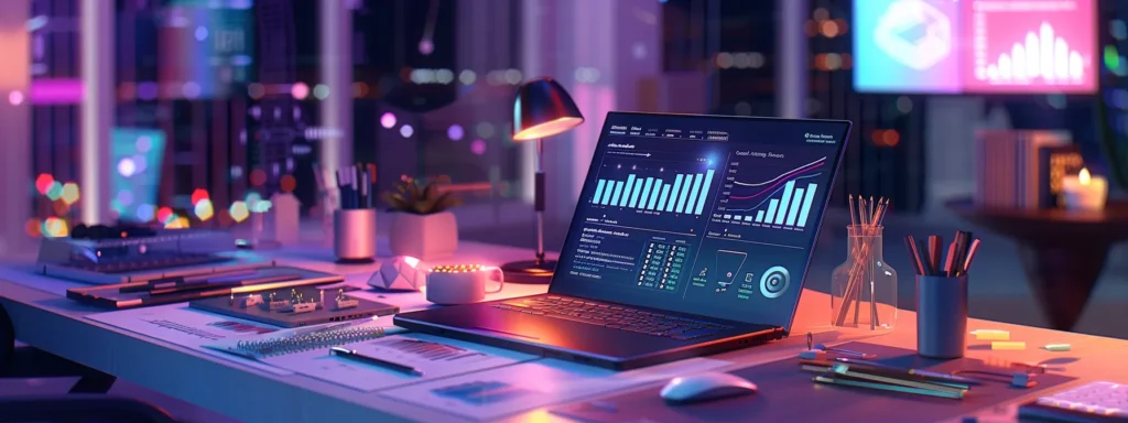 a striking infographic scene depicting an organized workspace with a laptop showing analytics, surrounded by visual elements representing cost breakdowns for backlink building, such as content creation, outreach, and guest posting fees, all illuminated by soft, natural light to emphasize clarity and focus.