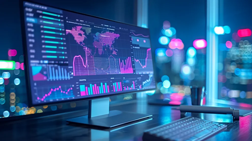 a vibrant digital workspace illustrates a user-friendly seo tool interface, showcasing comprehensive analytics and keyword research features against a backdrop of colorful graphs and data visualizations, highlighting the empowerment of small businesses in improving their search rankings.