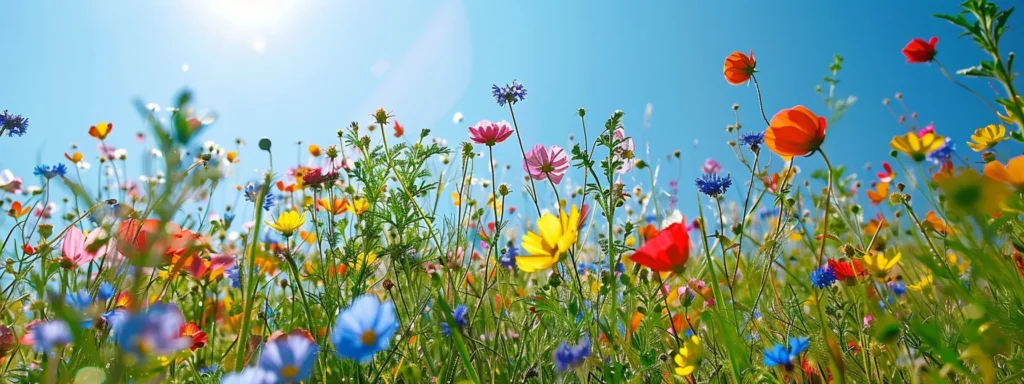 a vibrant, sunlit meadow bursts with colorful wildflowers, their vivid petals swaying gently in the breeze under a clear blue sky.