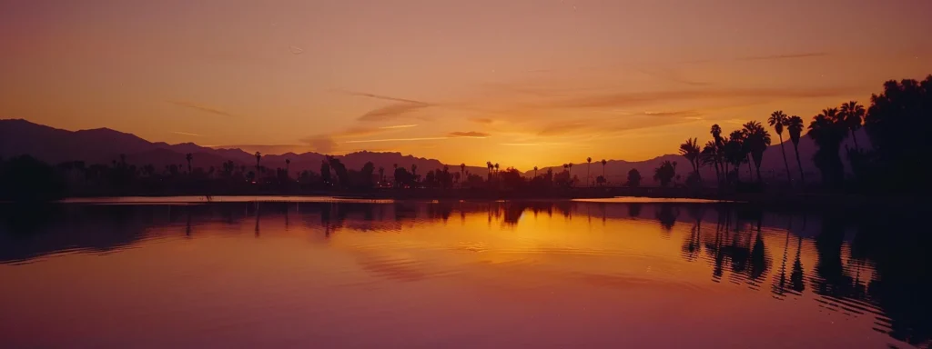 a vibrant sunset casts a rich tapestry of oranges and purples across a tranquil lake, reflecting the serene silhouettes of surrounding mountains.