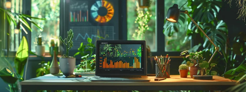 a visually striking scene depicts a modern workspace featuring an organized desk with a laptop displaying analytics graphs, surrounded by vibrant plant life, symbolizing the dynamic relationship between a carefully planned backlink building budget and successful seo strategies.
