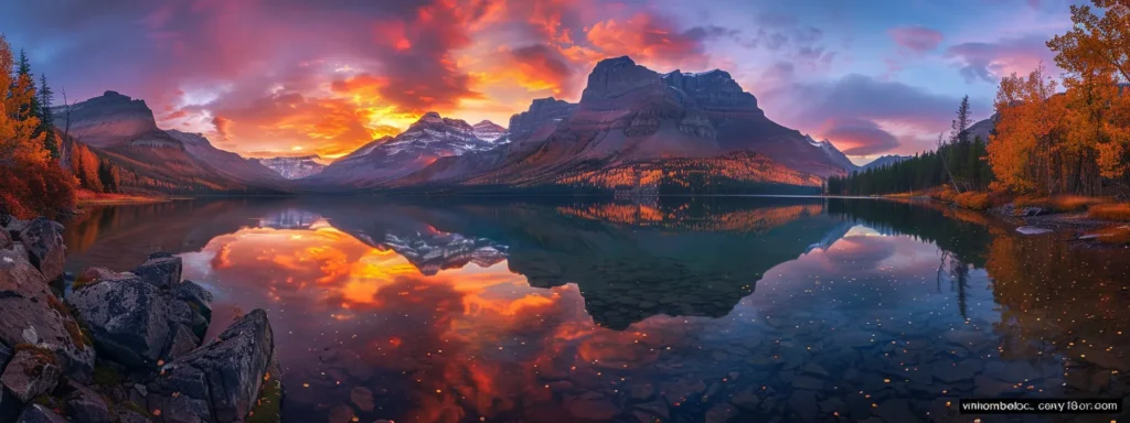 a vivid sunset casts golden hues over a tranquil lake, reflecting the fiery sky and surrounding mountains, creating a serene and breathtaking natural landscape.