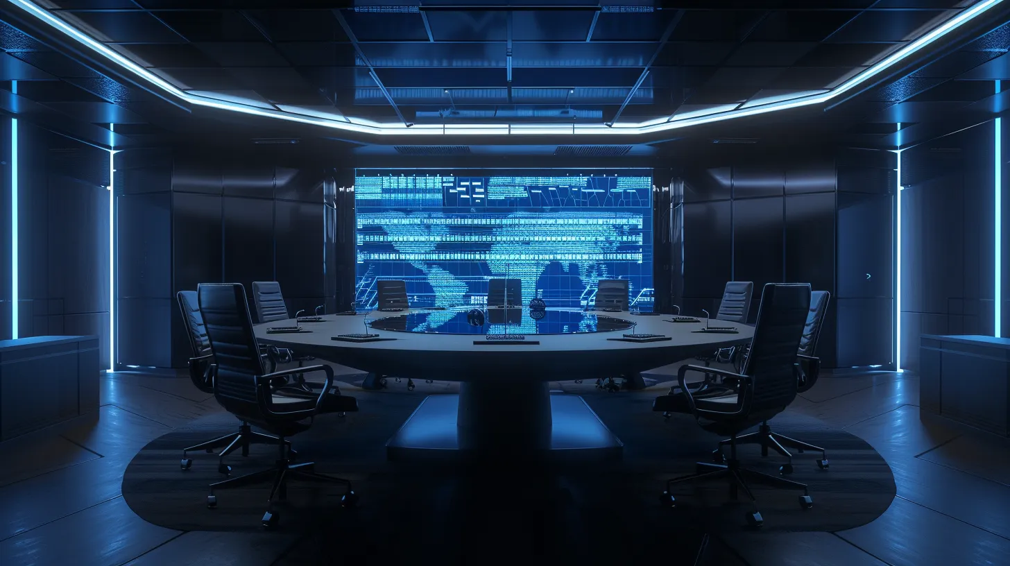 a sleek, modern office conference room bathed in soft, ambient lighting, featuring a large oval table surrounded by high-backed chairs, with an interactive touchscreen display showcasing dynamic data visuals that emphasize innovation and collaboration.