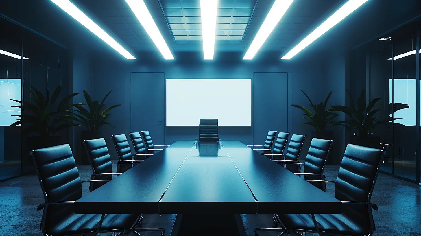 a sleek, modern office conference room is illuminated by bright overhead lights, showcasing a large digital display screen surrounded by high-backed chairs, emphasizing a dynamic business brainstorming session in progress.