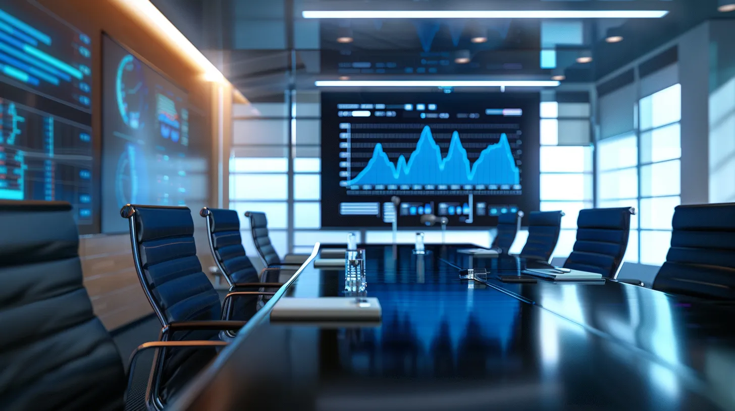 a sleek, modern office conference room bathed in ambient light, featuring a large digital screen displaying dynamic graphs and charts, encapsulating a high-stakes business meeting atmosphere.