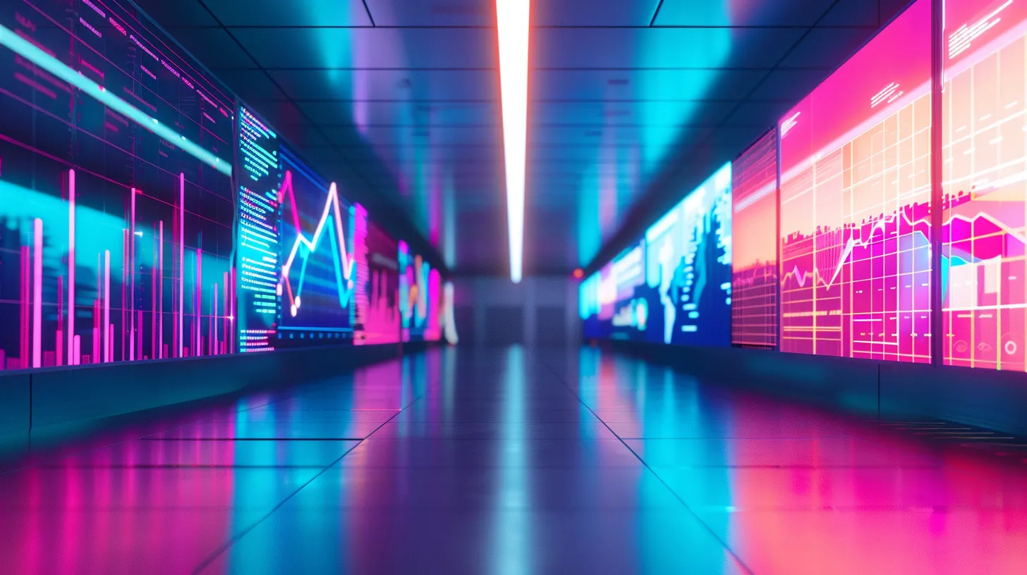 a sleek, modern office filled with vibrant digital screens displaying a dynamic data visualization, illuminated by sharp, white overhead lights that enhance the futuristic ambiance.