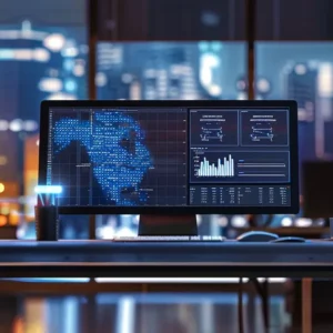 a sleek, modern office workspace is illuminated by bright, artificial light, showcasing a high-tech computer screen displaying dynamic seo analytics and ai-driven optimization strategies, embodying the cutting-edge potential of otto from search atlas.