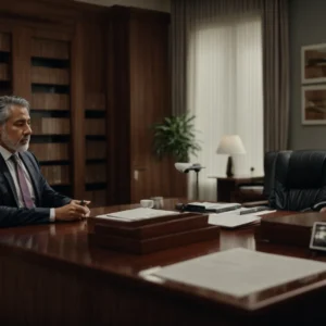 a concerned parent consults with a professional attorney in a formal office setting.