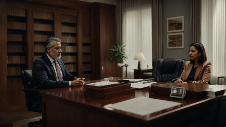 a concerned parent consults with a professional attorney in a formal office setting.