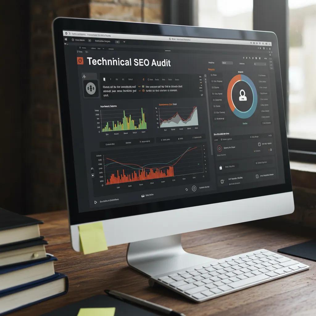 Computer screen showing technical SEO audit metrics and alerts in a workspace
